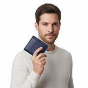 Chris Louis navy blue leather bifold wallet with stitched detailing and embossed logo.