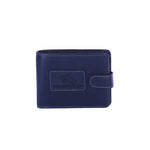 Chris Louis navy blue genuine leather bifold wallet with snap closure and contrasting stitching. Features embossed logo.