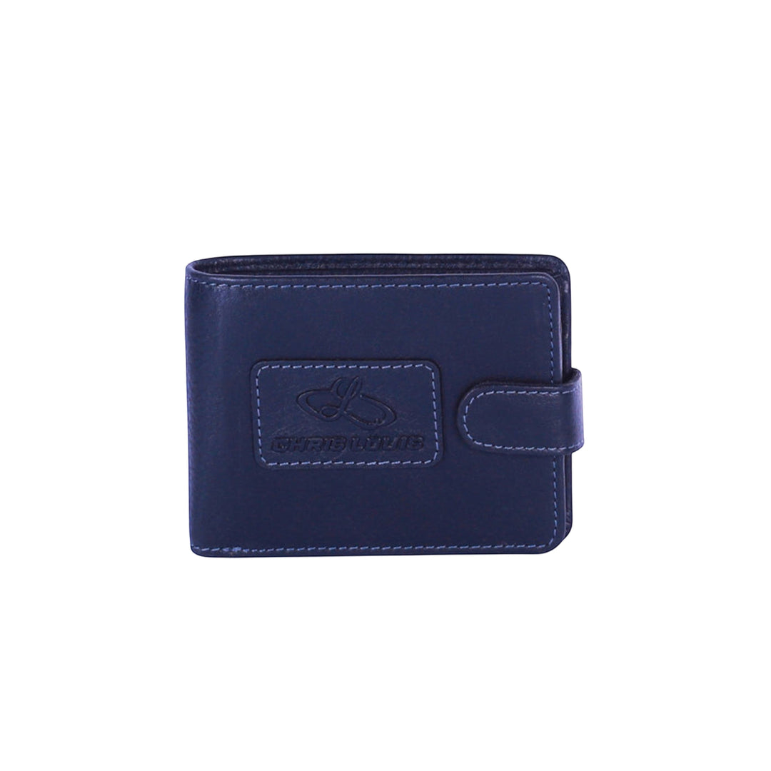 Chris Louis navy blue genuine leather bifold wallet with snap closure and contrasting stitching. Features embossed logo.