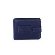 Chris Louis navy blue genuine leather bifold wallet with snap closure and contrasting stitching. Features embossed logo.