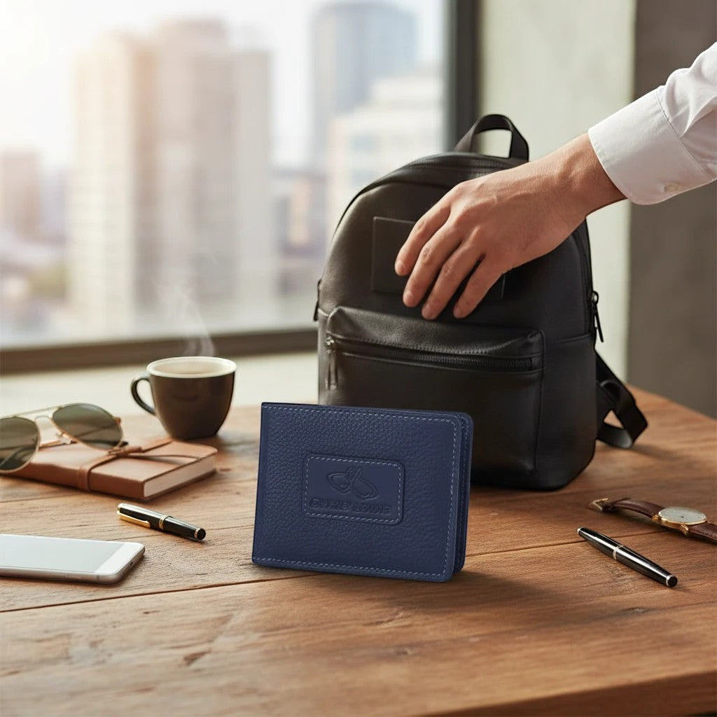 Chris Louis navy blue genuine leather bifold wallet with embossed logo and contrasting stitching.