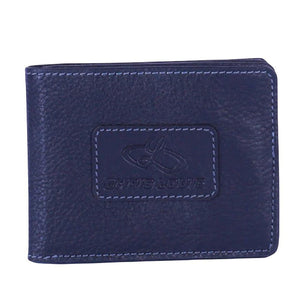 Chris Louis navy blue genuine leather bifold wallet with contrasting stitching and embossed logo.