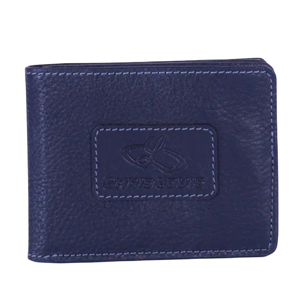 Chris Louis navy blue genuine leather bifold wallet with contrasting stitching and embossed logo.