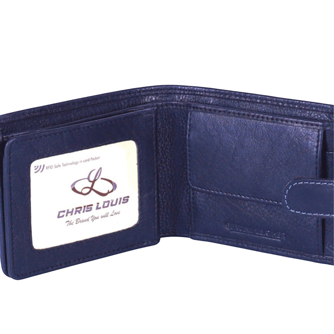 Chris Louis navy blue genuine leather bifold wallet with RFID blocking, ID window, card slots, and bill compartment.