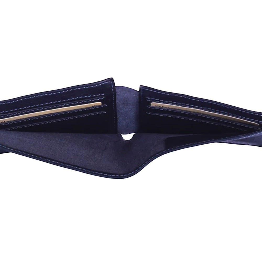 Chris Louis navy blue genuine leather bifold wallet with contrasting stitching and multiple card slots.