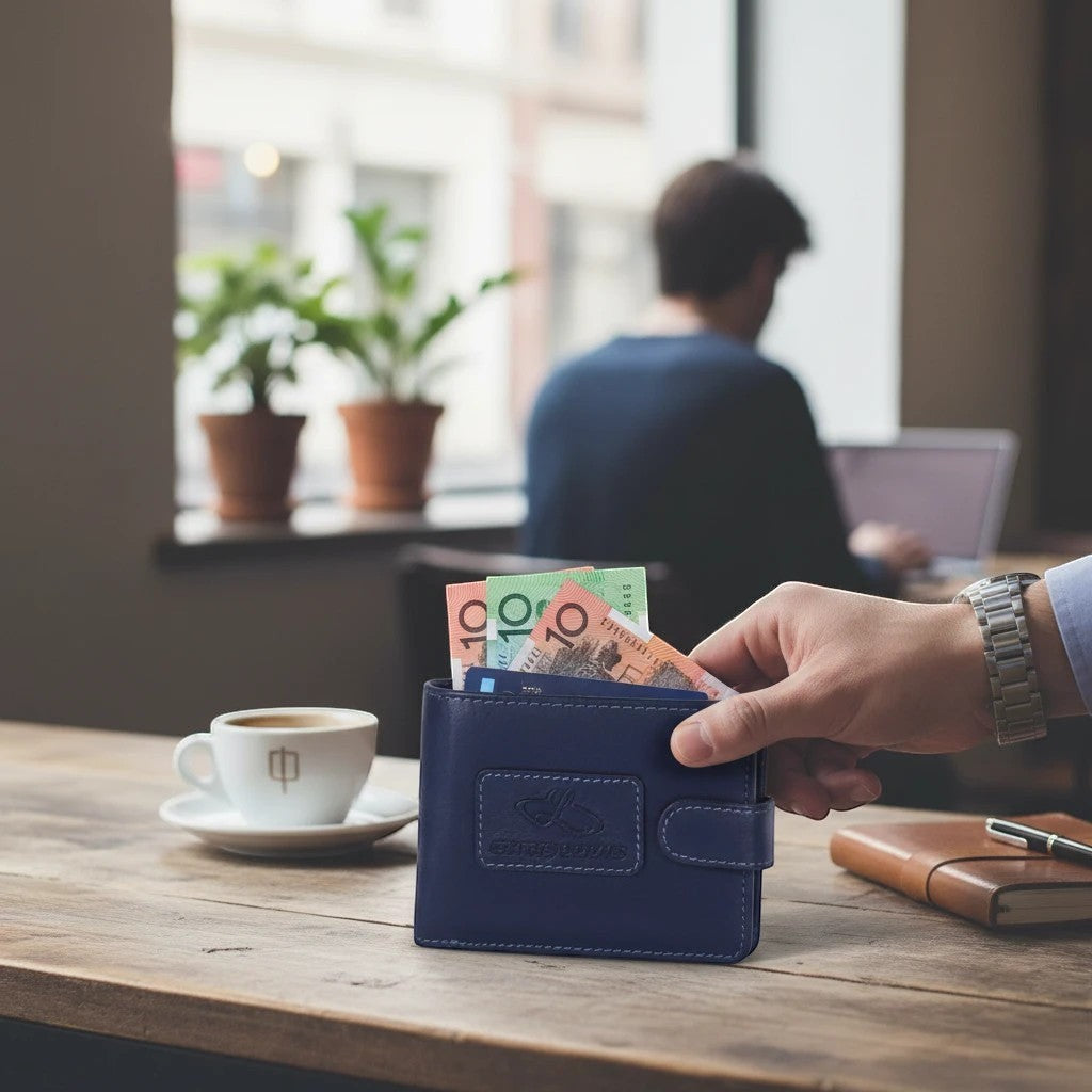 Chris Louis navy blue genuine leather bifold wallet with snap closure, RFID blocking, and embossed logo.