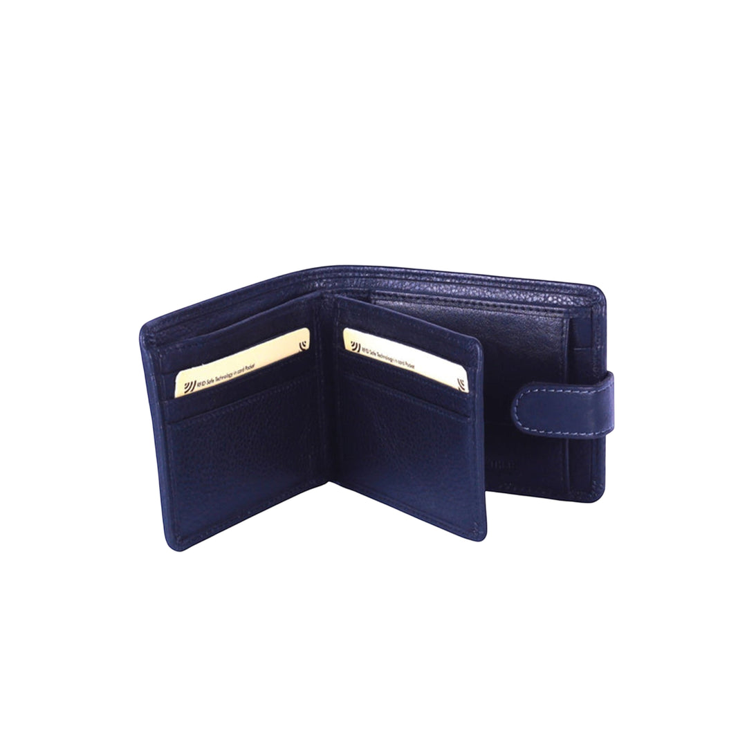 Chris Louis navy blue genuine leather bifold wallet with snap closure and RFID blocking technology.