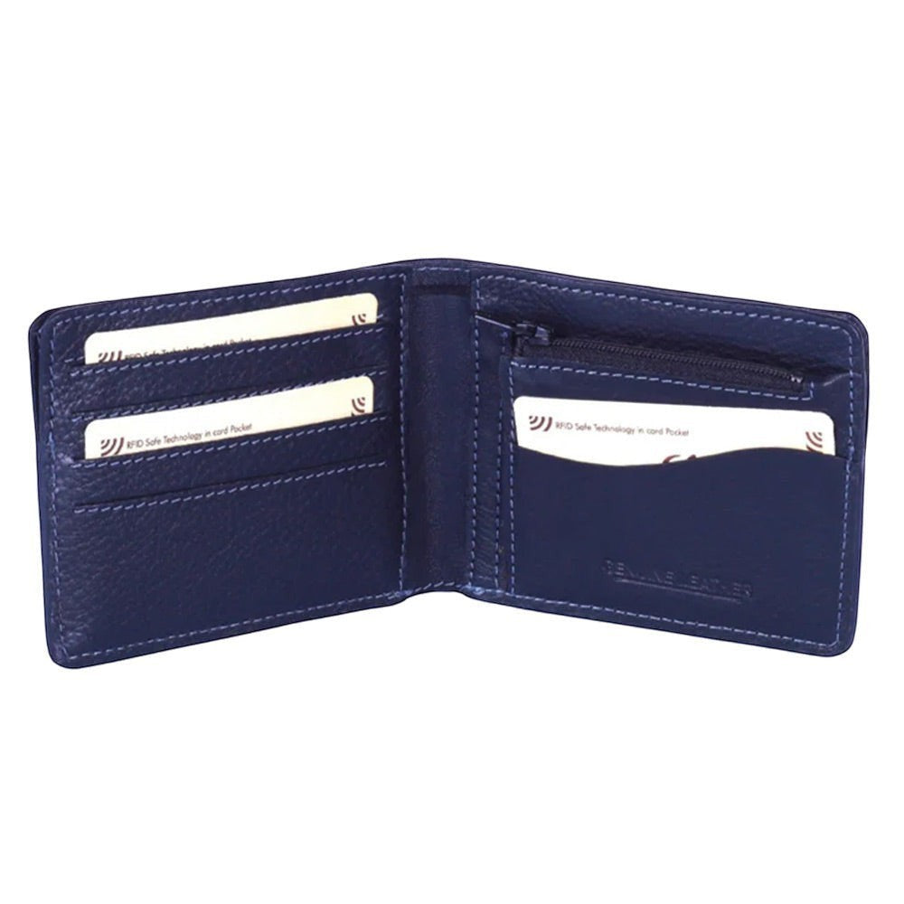 Chris Louis navy blue genuine leather bifold wallet with multiple card slots and zippered coin pocket.
