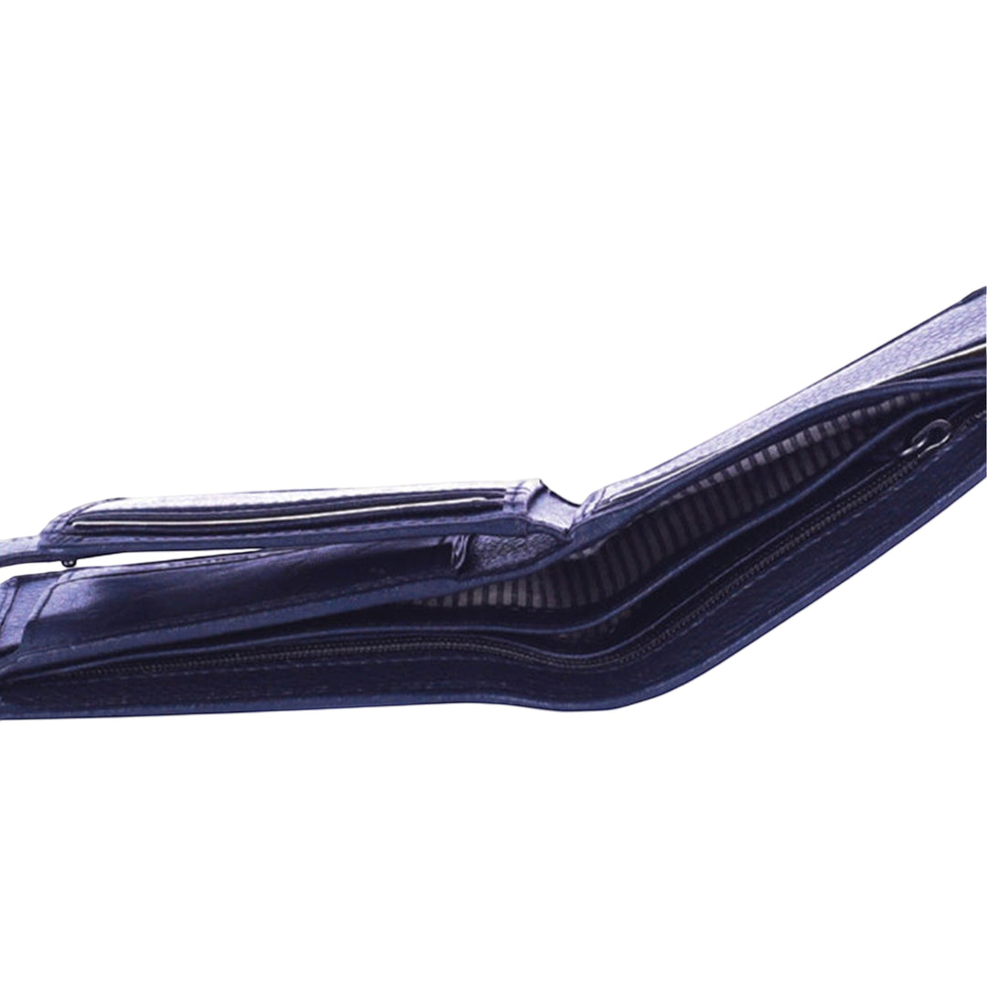 Chris Louis navy blue genuine leather bifold wallet with RFID blocking and multiple card slots.