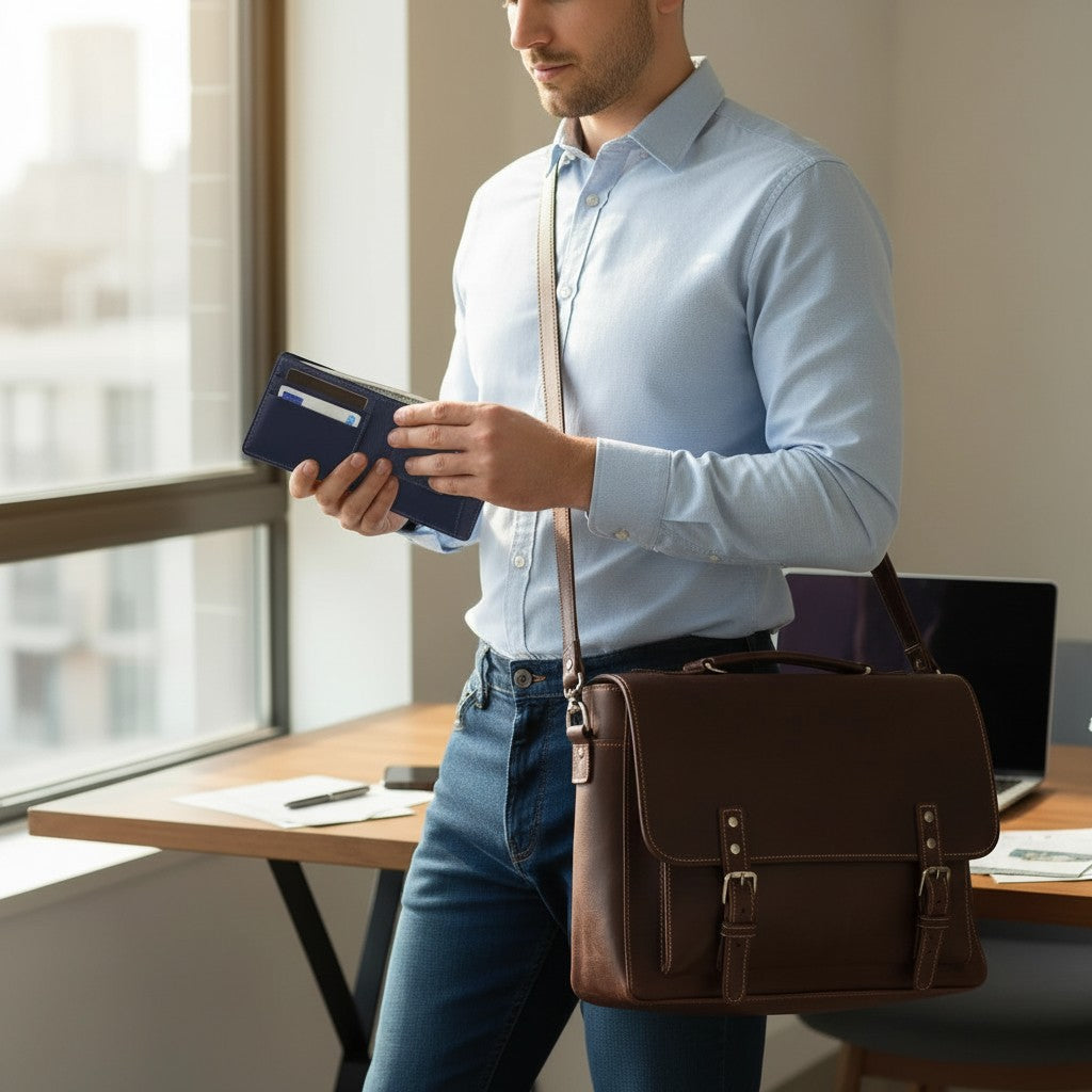 Chris Louis navy blue leather bifold wallet with card slots, held by a woman in a white shirt and jeans.