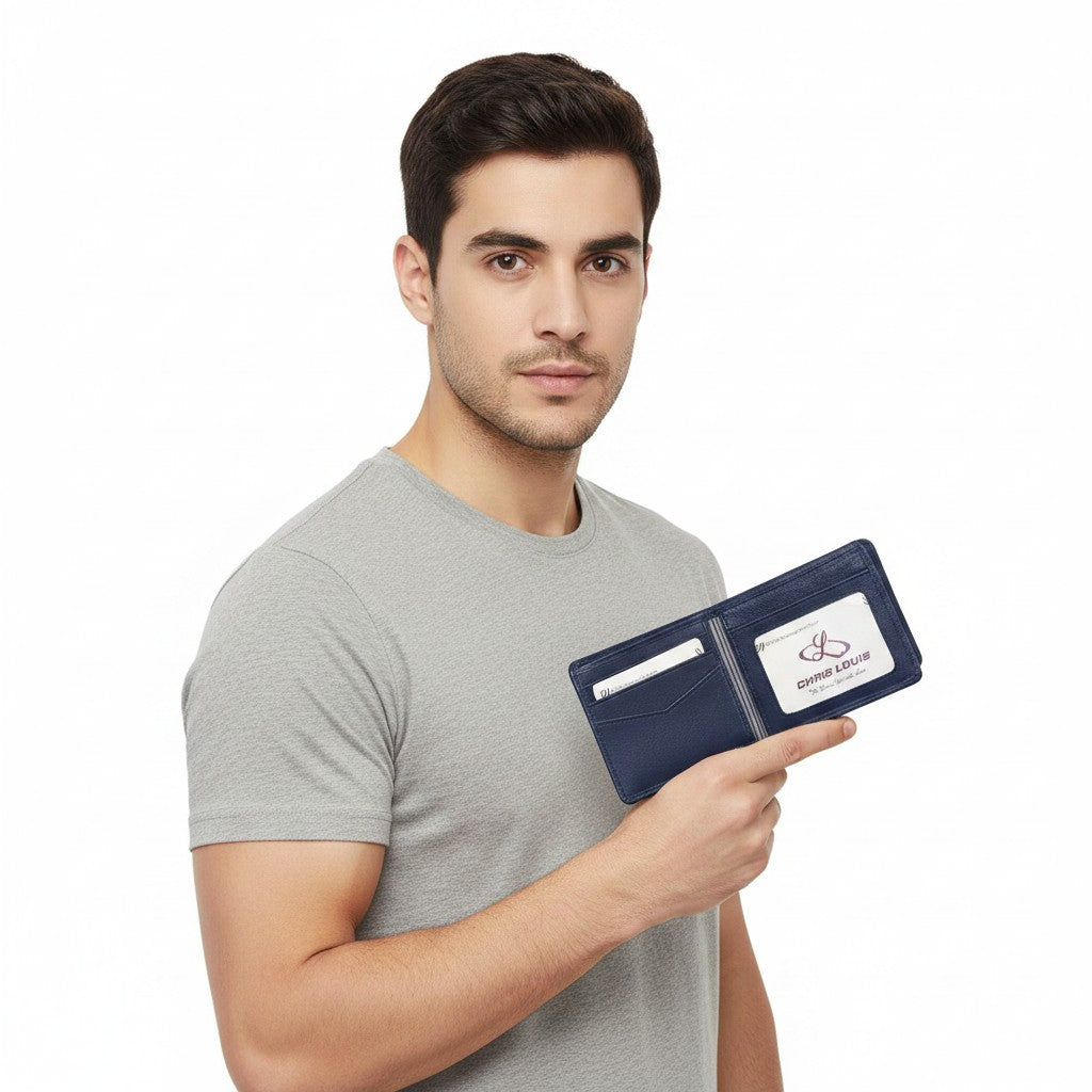 Chris Louis navy blue genuine leather bifold wallet with ID window, card slots, and RFID blocking.