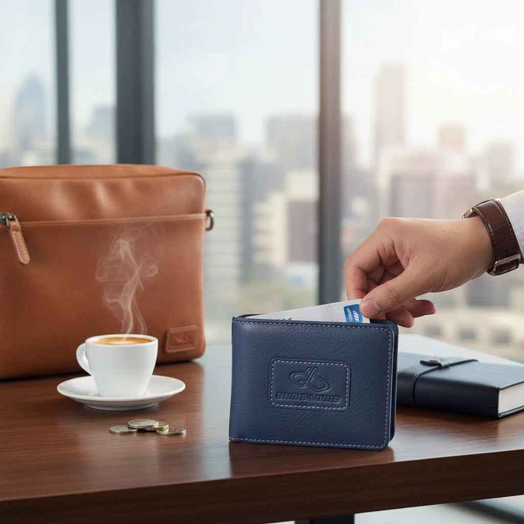 Chris Louis navy blue genuine leather bifold wallet with white stitching and RFID blocking. Slim design.