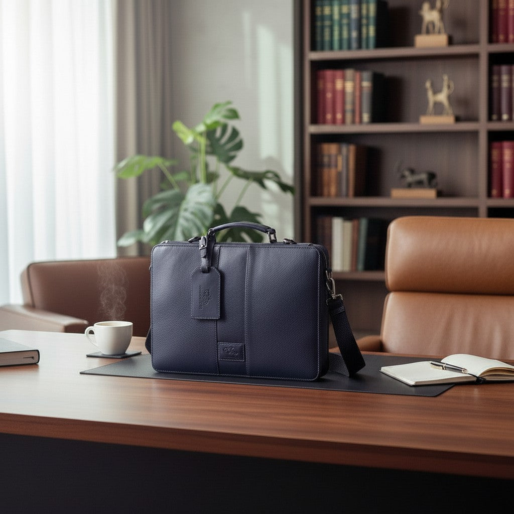 Chris Louis navy blue genuine leather briefcase with top handle and detachable strap, laptop compartment.