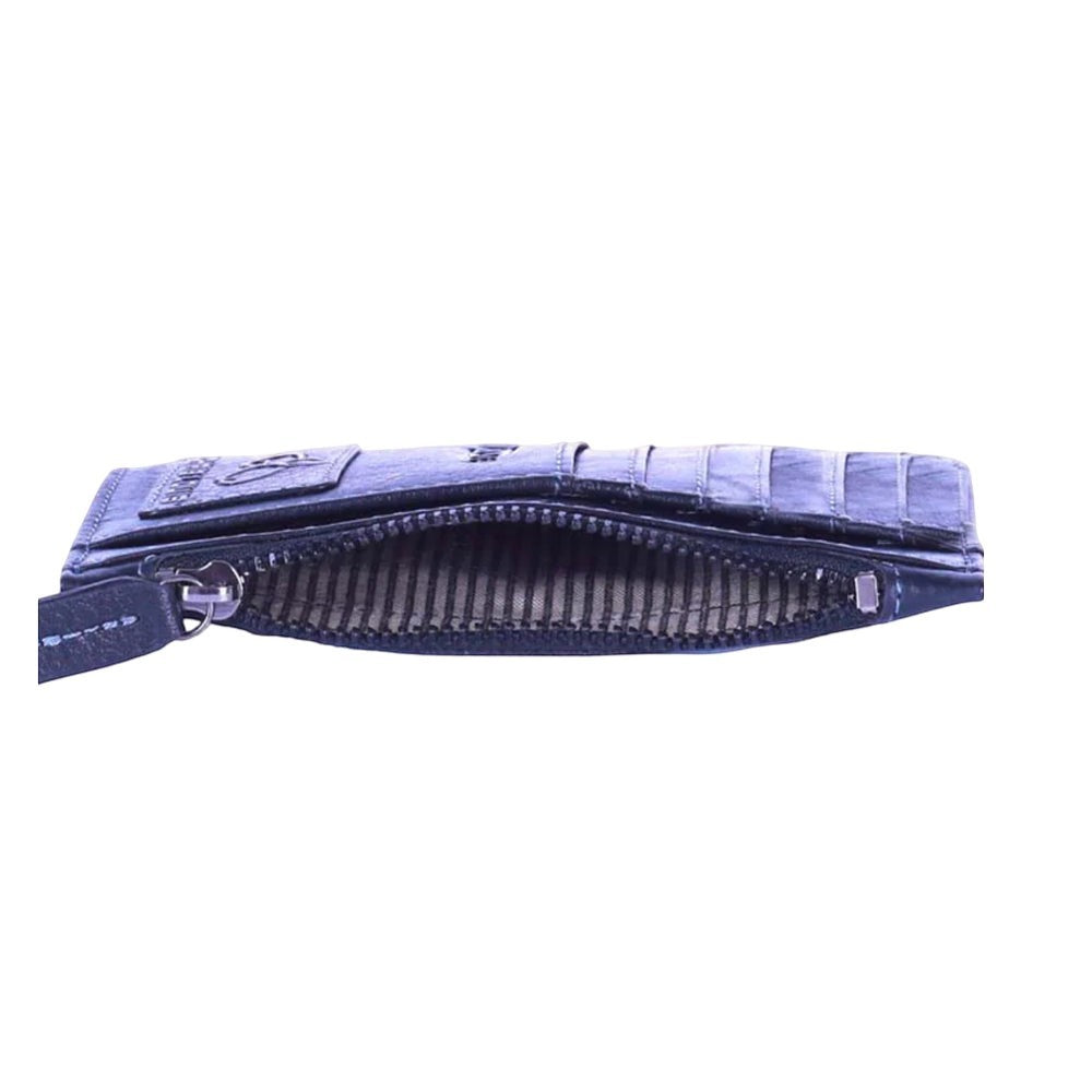 Chris Louis navy blue genuine leather zippered card case with striped interior and embossed logo.