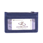 Chris Louis navy blue genuine leather zippered card case with ID window and RFID blocking technology.