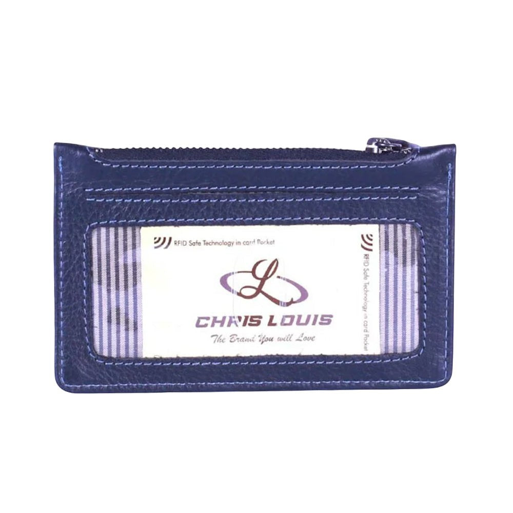 Chris Louis navy blue genuine leather zippered card case with ID window and RFID blocking technology.