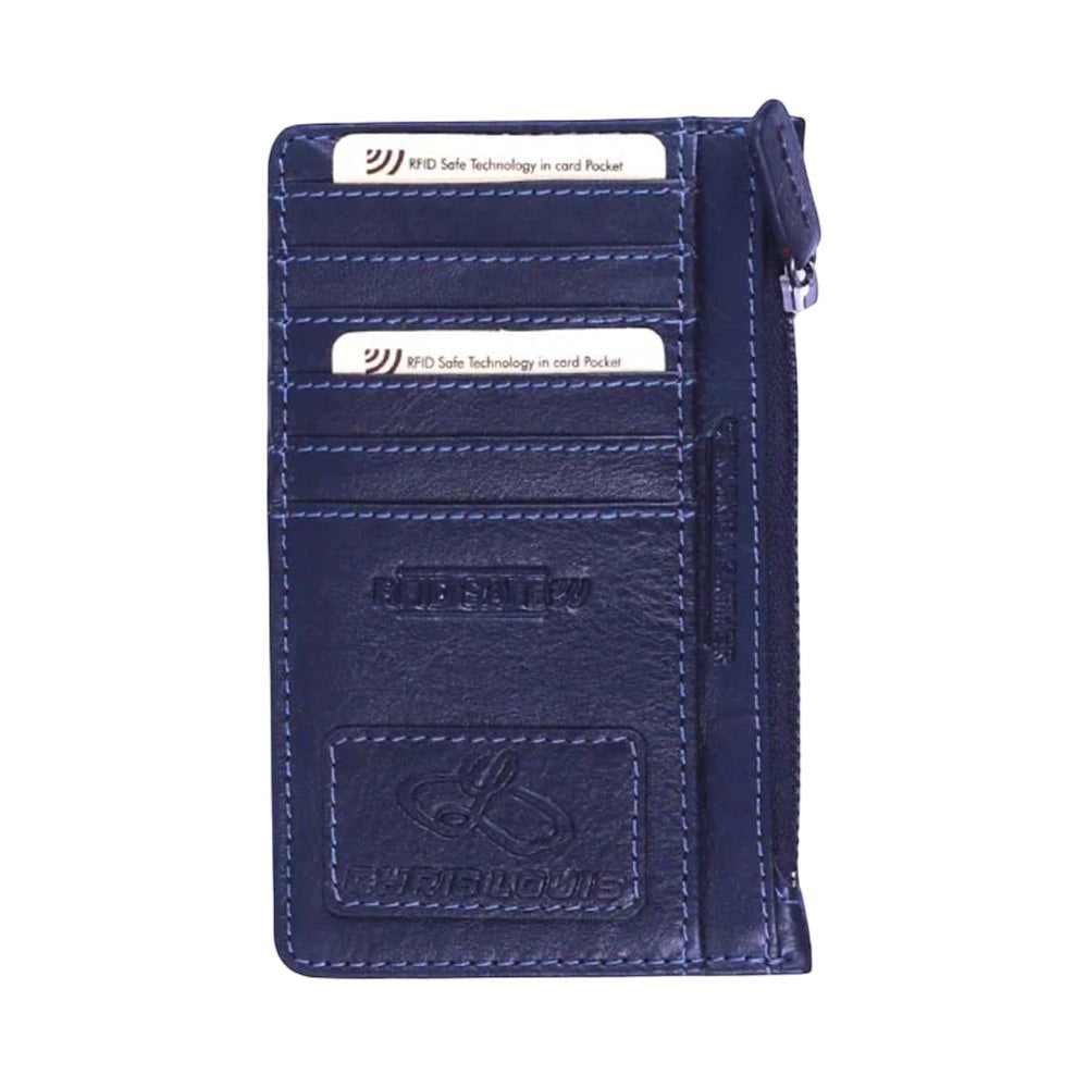 Chris Louis navy blue genuine leather RFID blocking zippered card case with multiple card slots and ID window.