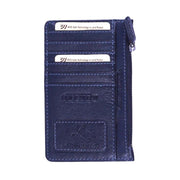 Chris Louis navy blue genuine leather RFID blocking zippered card case with multiple card slots and ID window.