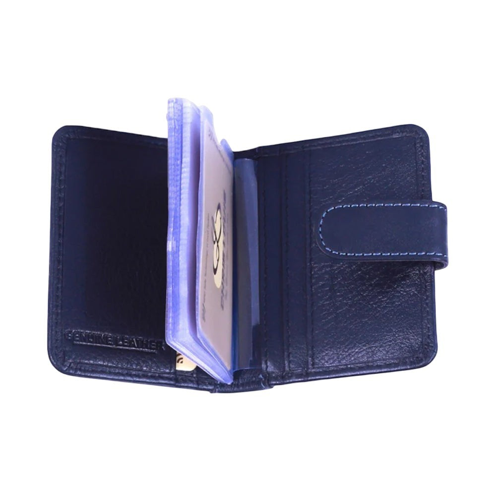 Chris Louis navy blue genuine leather card holder wallet with clear sleeves and snap closure.