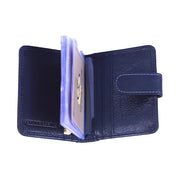 Chris Louis navy blue genuine leather card holder wallet with clear sleeves and snap closure.