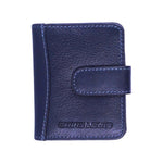 Chris Louis genuine leather card holder wallet in navy blue with contrasting stitching and snap closure.