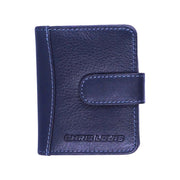 Chris Louis genuine leather card holder wallet in navy blue with contrasting stitching and snap closure.