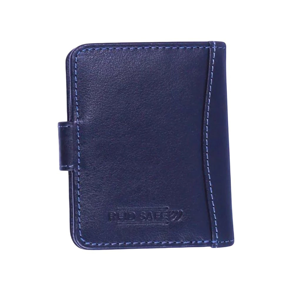 Chris Louis genuine leather card holder wallet in navy blue with contrasting stitching and RFID SAFE embossed on the back.