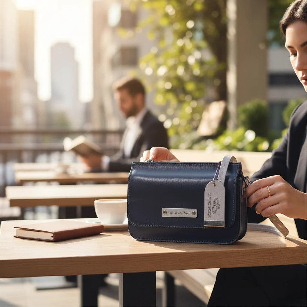 Chris Louis Isfahan Crossbody Bag in deep navy leather with light grey stitching and strap details. Features a flap closure and metal logo plate.