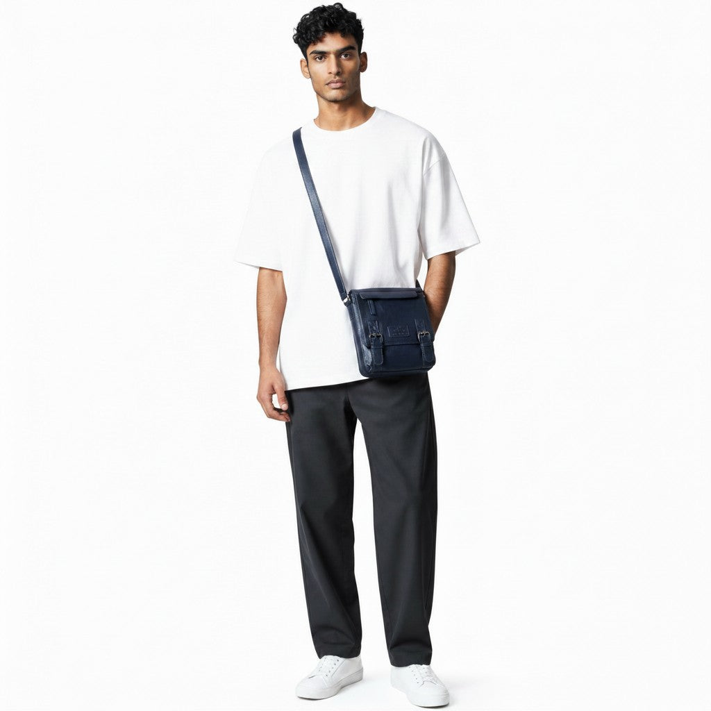 Chris Louis navy blue genuine leather crossbody bag with double roller buckle closure and adjustable strap.