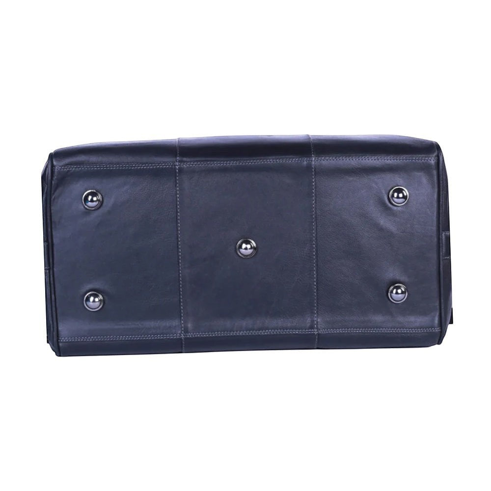 Chris Louis navy genuine leather duffle bag with metal feet and stitching detail