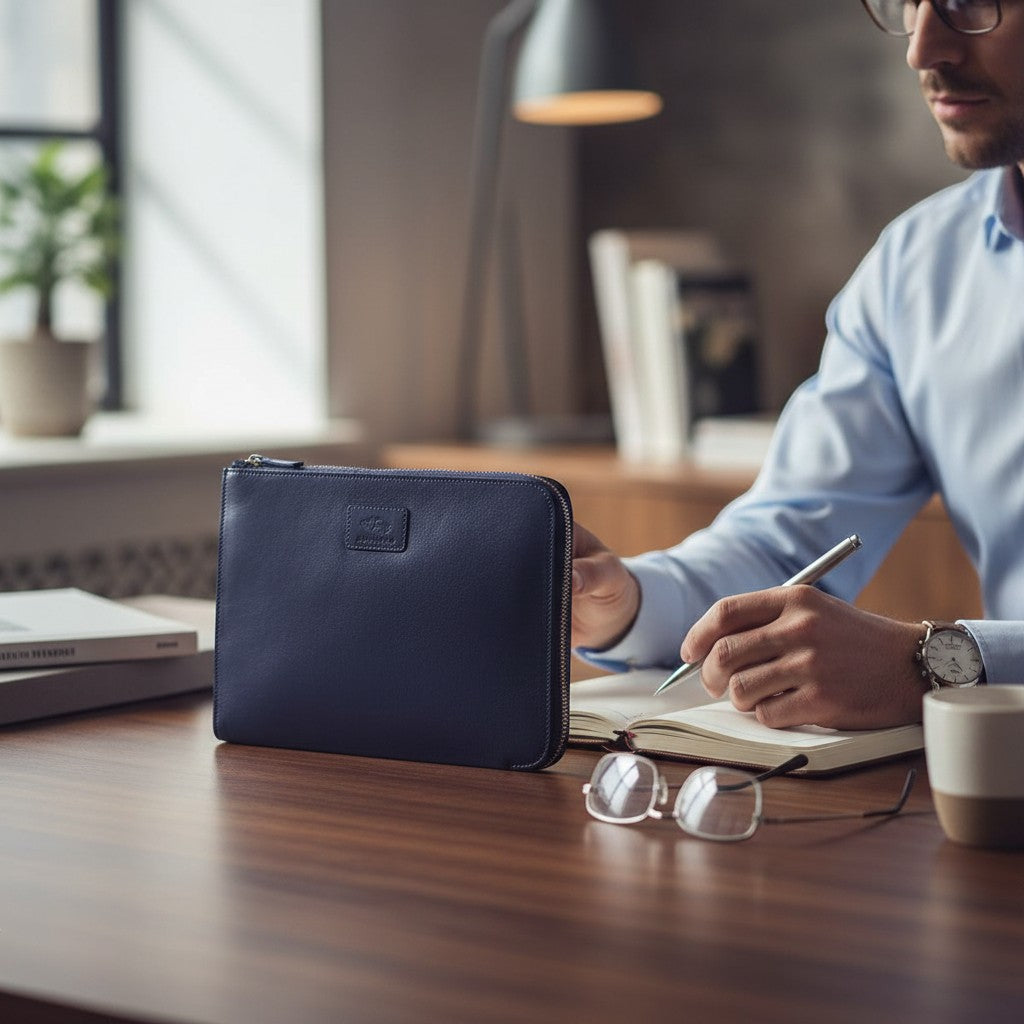 Chris Louis navy blue genuine leather zippered i-pad and file organizer with silver hardware and wristlet.