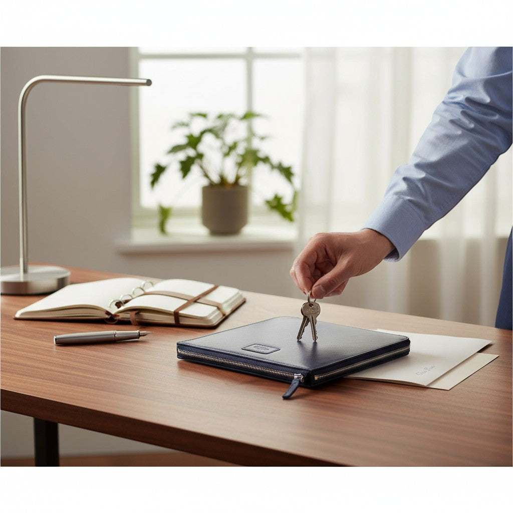 Chris Louis navy blue leather zippered organizer for iPad and files, with interior slip pocket and wristlet.