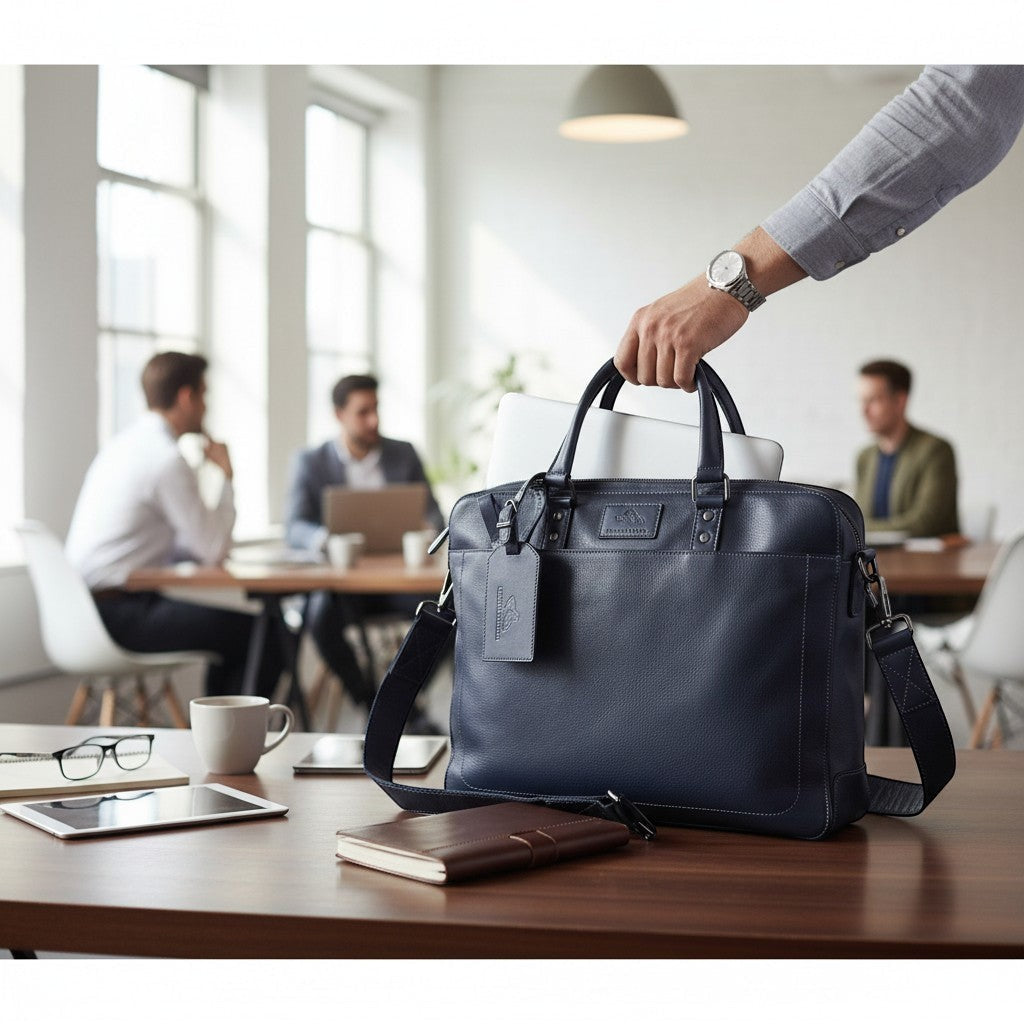 Chris Louis navy blue pebbled genuine leather office bag with top handles and detachable shoulder strap, fits 15-inch laptop.