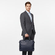 Chris Louis navy blue genuine leather office bag with top handles and detachable shoulder strap, 15-inch laptop compartment.