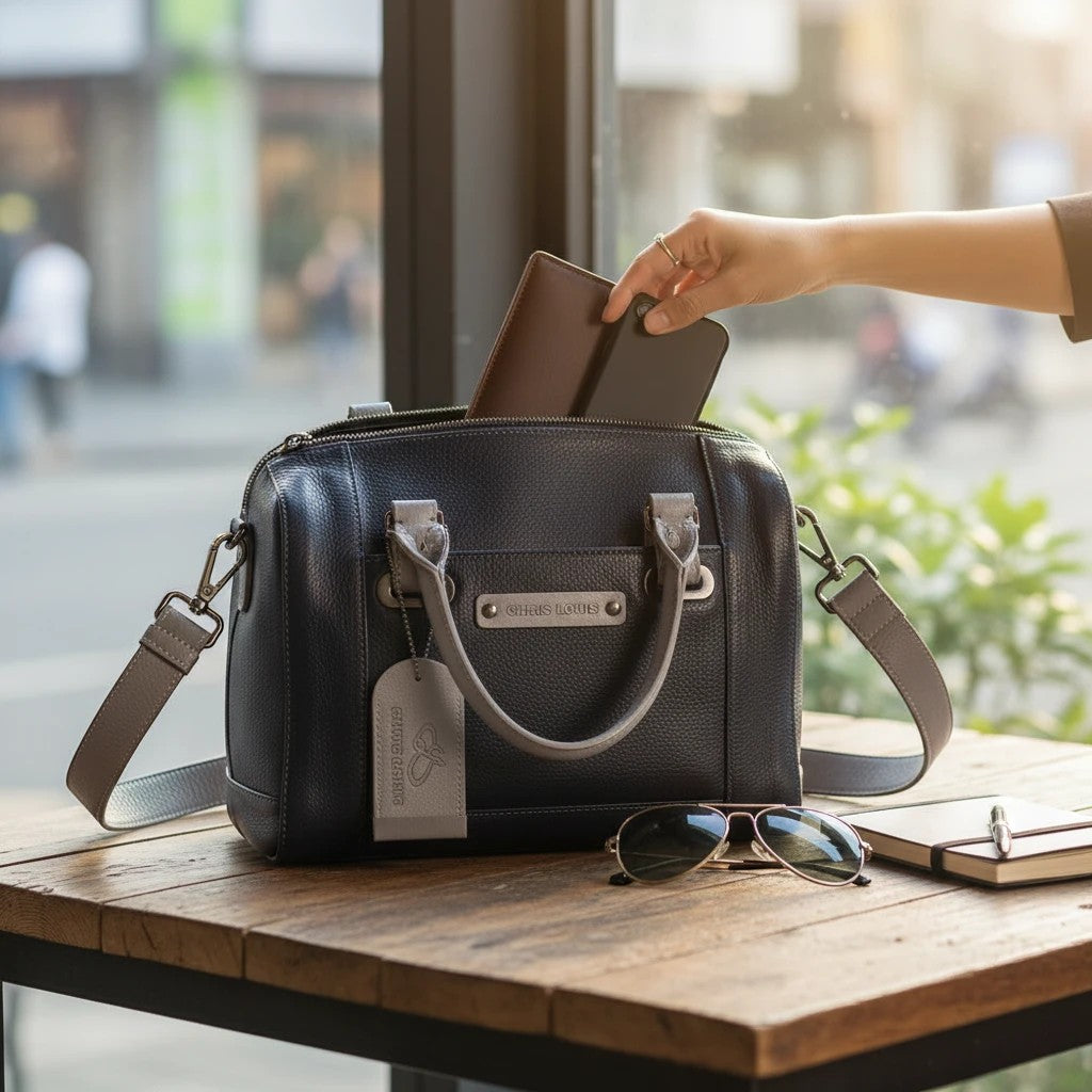 Chris Louis navy blue pebbled leather satchel handbag with grey handles and strap, top zipper closure.