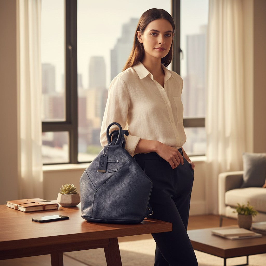 Chris Louis navy blue genuine leather hexagon shoulder bag with adjustable straps and front zipper.