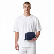 Chris Louis navy blue genuine leather toiletry bag with wrist strap and multiple compartments.