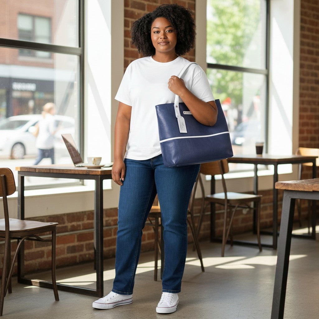 Chris Louis navy blue leather tote bag with light grey handles and white piping detail. Model wears white t-shirt and jeans.