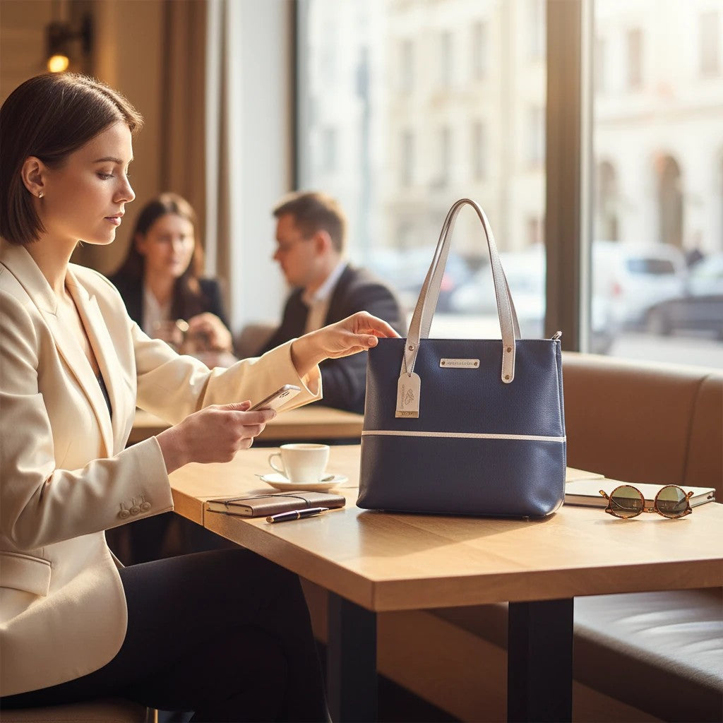 Chris Louis navy blue leather tote bag with light grey handles and white piping detail, a sophisticated everyday accessory.