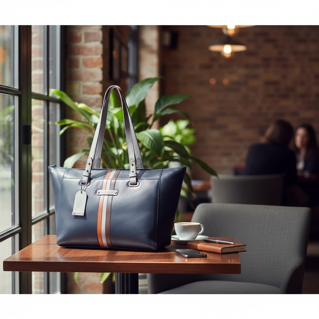 Chris Louis navy blue leather tote bag with orange and grey stripes, zip top, and shoulder straps.