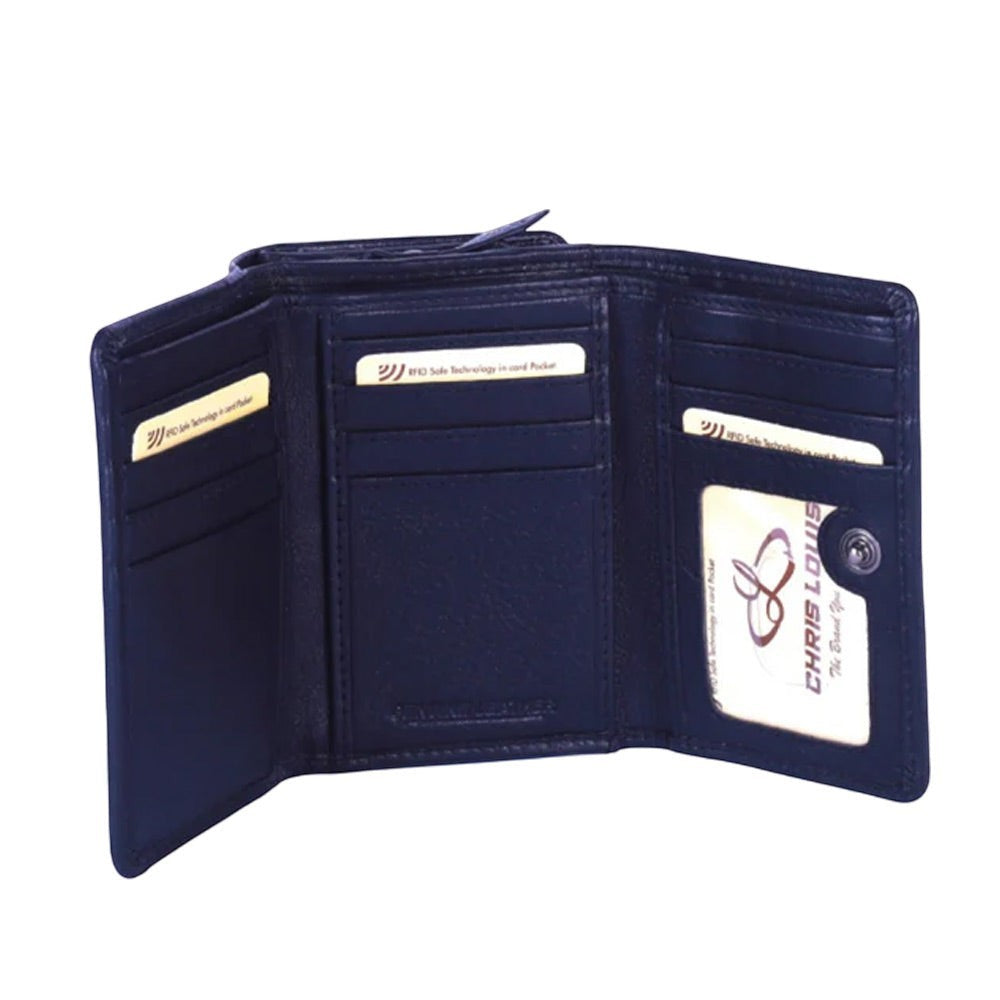 Chris Louis navy blue genuine leather tri-fold wallet with 16 card slots, ID window, and zip coin pocket.