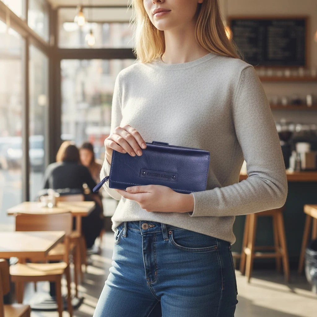 Chris Louis navy blue leather trifold wallet with snap closure and interior compartments, held by a woman in jeans and a sweater.