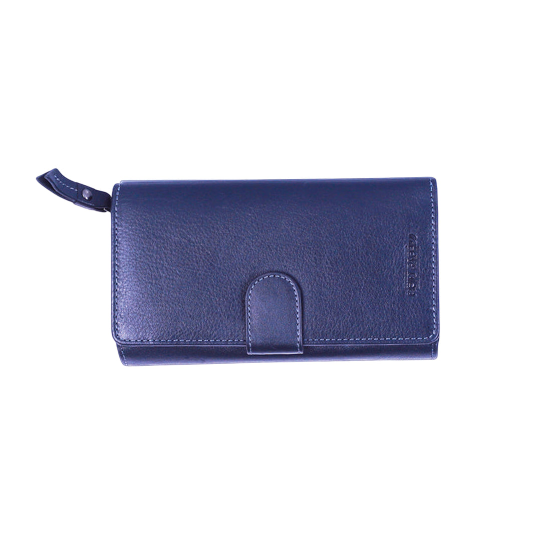 Chris Louis navy blue genuine leather flap clutch ladies wallet with 22 card slots and zipper compartment.