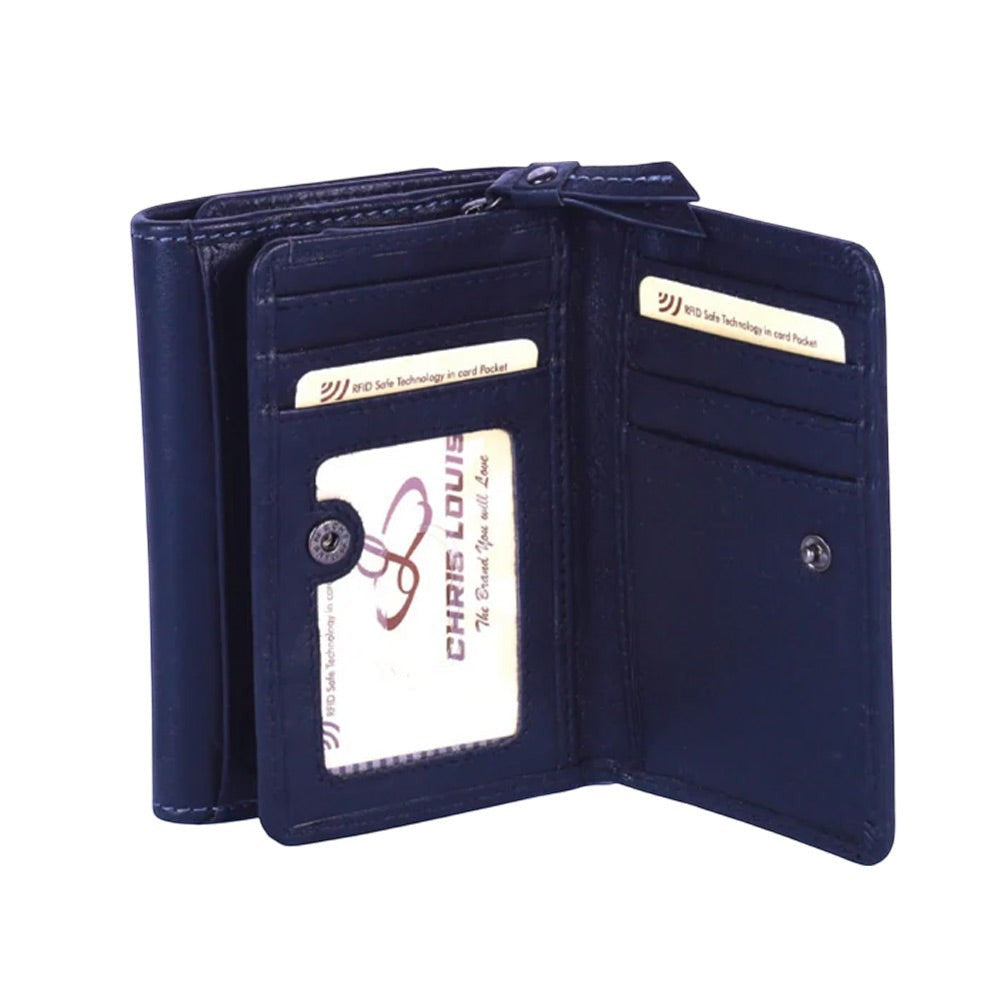 Chris Louis navy blue genuine leather tri-fold wallet with snap closure, 16 card slots, ID window, and zip coin pocket.