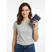 Chris Louis navy blue tri-fold leather wallet with snap button closure and embossed logo. Features 16 card slots, ID window, zip coin pocket, and note compartment.