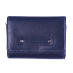 Chris Louis navy blue genuine leather tri-fold wallet with snap closure and multiple card slots.