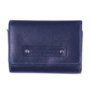 Chris Louis navy blue genuine leather tri-fold wallet with snap closure and multiple card slots.