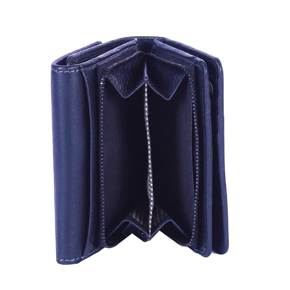 Chris Louis navy blue genuine leather tri-fold wallet with snap closure, 16 card slots, ID window, zip coin pocket, and note compartment.
