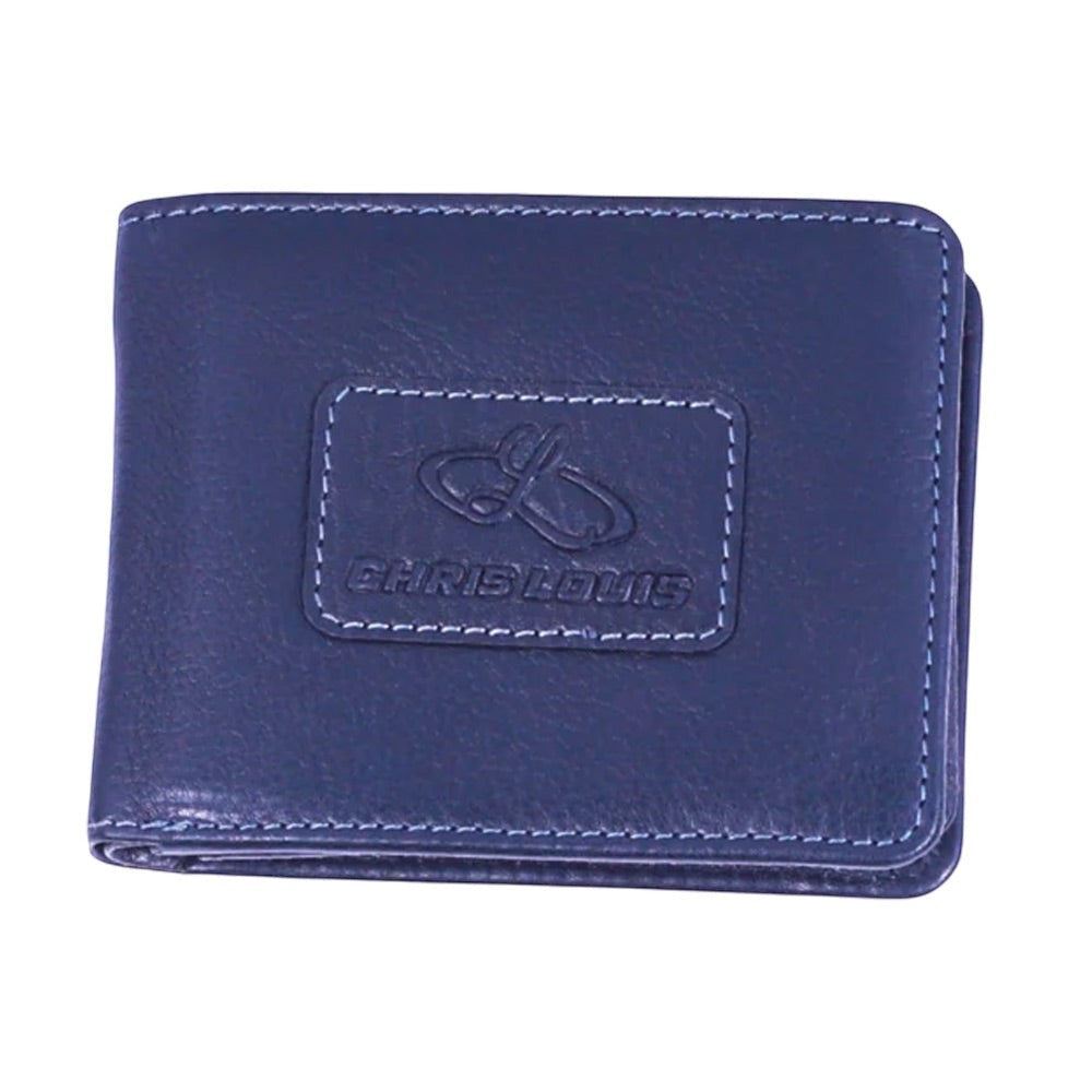 Chris Louis black bi-fold wallet made of genuine veg-tan leather with 6 card slots, 5 slip pockets, and coin pocket.