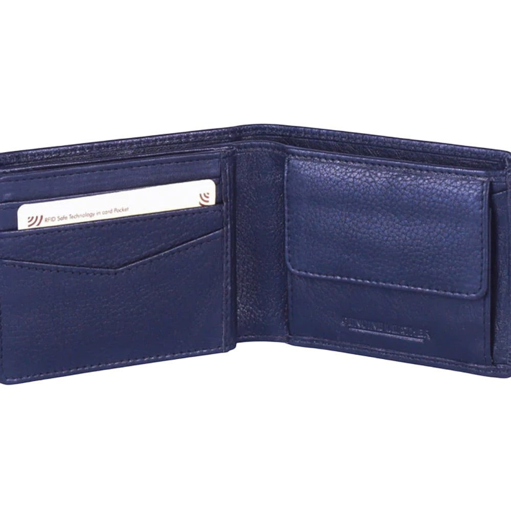 Chris Louis navy blue bi-fold wallet made of genuine leather with RFID protection, 6 card slots, and coin pocket.